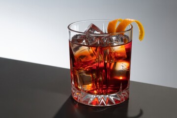 A classic cocktail with ice and an orange twist sits on a dark table