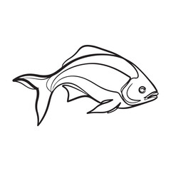 Simple black and white line art illustration of a fish, a clean vector outline for design projects.