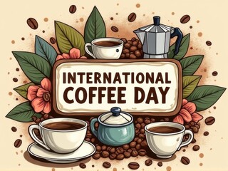 Warm Hand-Drawn Coffee Poster with Beans and Grinder Illustration