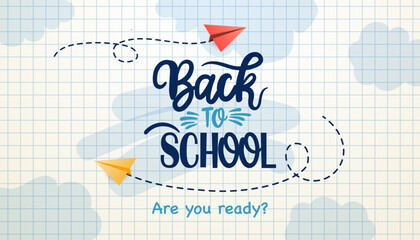 Back to school web banner. Vector creative poster with back to school lettering logo and paper planes. Checkered background of school notebook, education concept, vector illustration