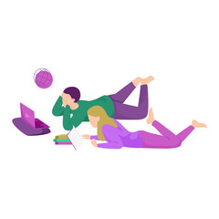 Couple studying together with laptop and books, flat design vectors