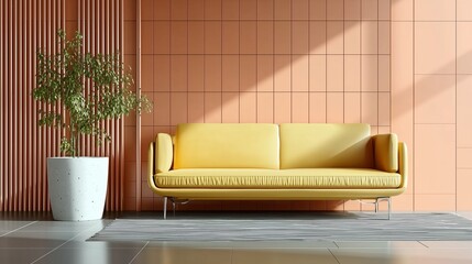 A simple and elegant office sofa in light yellow leather is placed in front of a wall covered with peach - colored ceramic tiles featuring geometric lines on the surface, creating a clean and modern a