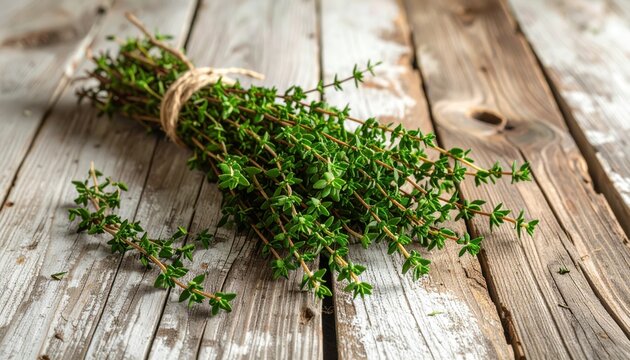 Fresh thyon sprii on rustic wooden background, a vibrant display of natural goodness