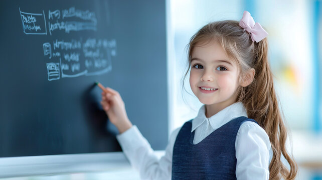 Young girl writing digital blackboard, showcasing her creativity and engagement learning. atmosphere is bright and cheerful, reflecting positive