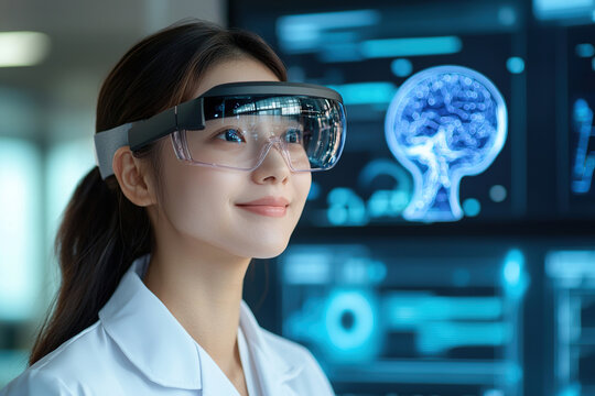 Innovative technology in healthcare with woman wearing smart glasses, observing digital brain scans and data analysis in modern lab environment - Powered by Adobe