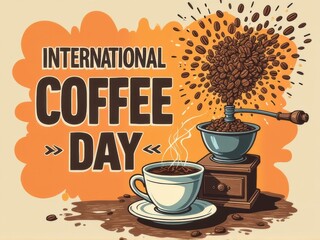 Playful Businessman Coffee Poster with Steaming Cup and Beans