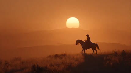 Cowboy riding horse at sunset, desert landscape, peaceful background, western movie scene