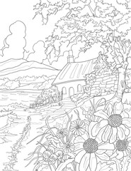 Obraz premium Landscape drawing for kids, Landscape Coloring Book, Black and White Line Drawing, Vector Illustration PNG