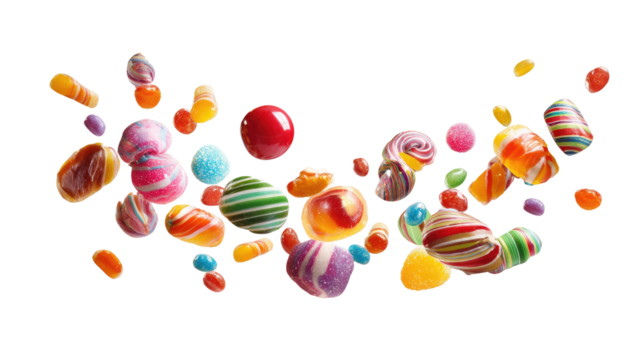 Colorful Confectionery Candy Falling in the Air on Transparent Background

