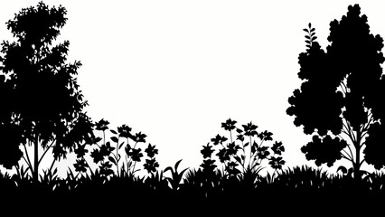 Silhouette of peaceful meadow brimming with wildflowers and lush trees creating a scenic panorama