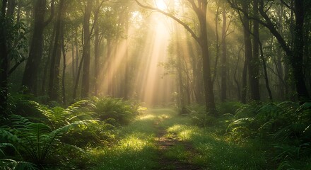 Obraz premium Sunlight Streaming Through Dense Forest – Tranquil Nature Path with Lush Greenery