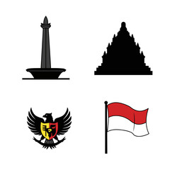 Naklejka premium Vector art of collection of indonesian national symbols including the flag, garuda pancasila, a monument, and a temple silhouette, isolated on white background