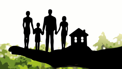 A family with their hopeful home sits nestled on a hand symbolic of care and protection in stark
