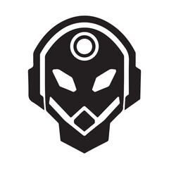 Black and white futuristic robot head vector illustration, an iconic and minimalist digital technology design element.
