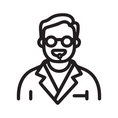 Black and white line art vector illustration of a man with glasses, likely a scientist or professor, wearing a coat, professional icon.