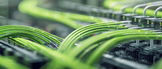 Close-up of green data cables and connectors.