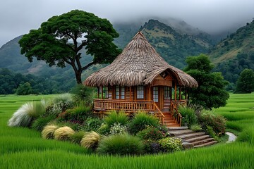 Rural landscape with wooden hut high resolution picture