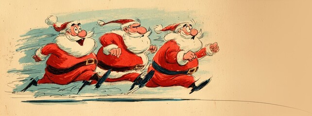 Expressive hand-drawn-style sketch of three Santas jogging with energy and humor, in a retro cartoon style. Card, greetings.