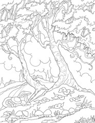 Landscape drawing for kids, Landscape Coloring Book, Black and White Line Drawing, Vector Illustration PNG