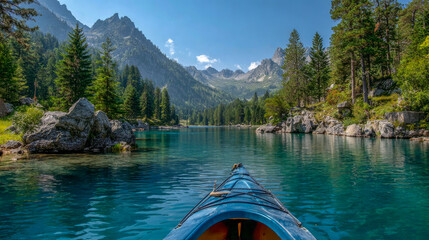 A vibrant kayak glides through the calm turquoise lake surrounded by lush pine forests and towering mountains, inviting adventurers to explore the wilderness and enjoy nature's beauty