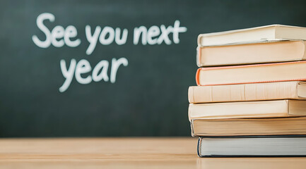 End of school year celebration with stacked books against a blackboard with the text "See you next year," signaling the start of summer vacation.