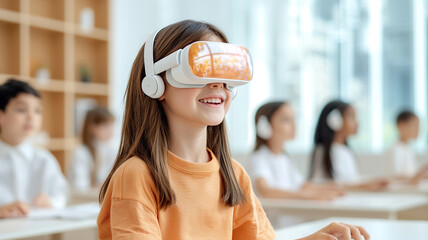 Student high tech classroom engages with virtual reality technology, showcasing excitement and curiosity. environment is modern and interactive