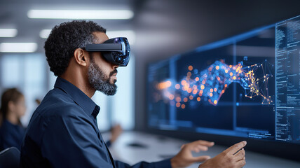 High tech classroom with students using augmented reality technology, engaging with interactive data visualizations and holograms