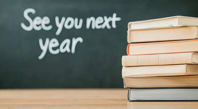 End of school year celebration with stacked books against a blackboard with the text "See you next year," signaling the start of summer vacation.