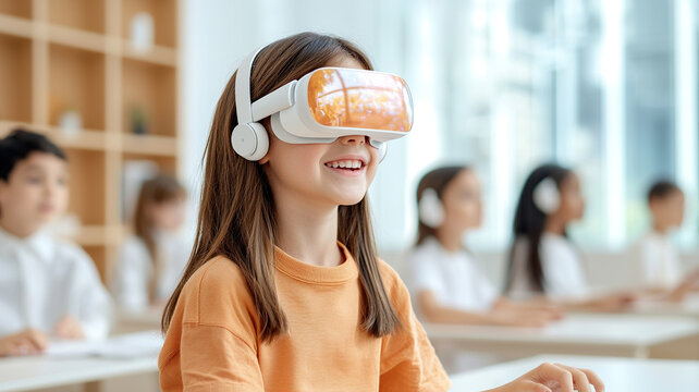 Student high tech classroom engages with virtual reality technology, showcasing excitement and curiosity. environment is modern and interactive
