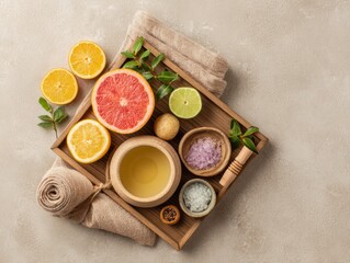 Top View of Fruits Tea Yoga Mat and Natural Skincare