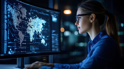 Focused woman analyzes data on large screen displaying digital world map and network connections, showcasing technology and innovation