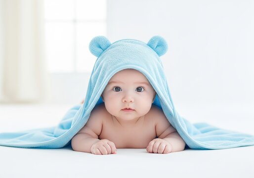 Adorable Baby Wrapped in Blue Hooded Towel on White Background