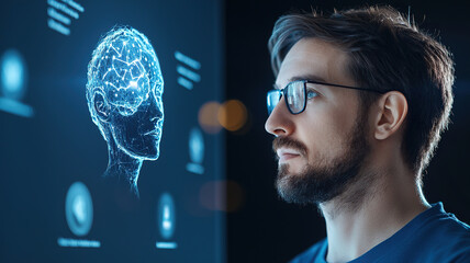 Focused individual observing holographic representation of brain, symbolizing artificial intelligence and technology. scene conveys curiosity