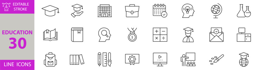 Education outline icon set. Editable Vector Illustrations for Learning, Online Classes, School, Teaching, Graduation, Students, Knowledge, E-Learning, Classroom, Books, and Academic Tools