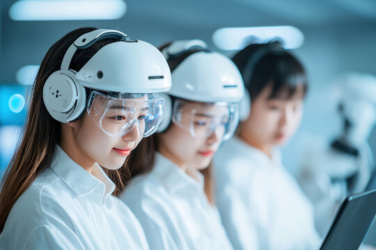 Innovative robotics and AI engineering students engaged in virtual class, showcasing focus and collaboration in modern learning environment - Powered by Adobe