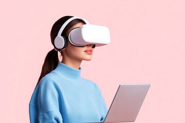Student wearing virtual reality headset, engaged in online learning with laptop, showcasing modern technology and education