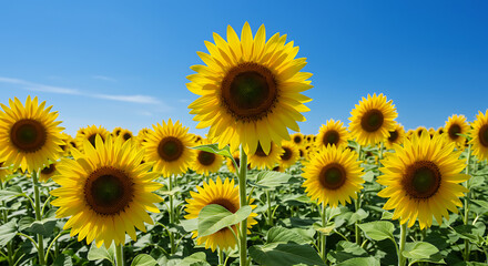 Vibrant Sunflower Field Under a Clear Blue Sky.