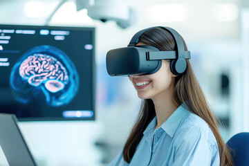 Student in virtual reality headset engages in immersive online lecture, showcasing advanced technology and learning