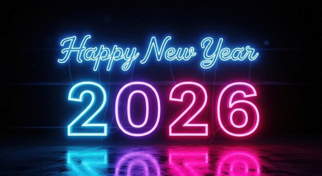 Bright neon lights displaying happy new year 2026 celebration - Powered by Adobe