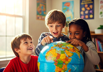 Children learning geography with globe in classroom education studying kids exploring world map together