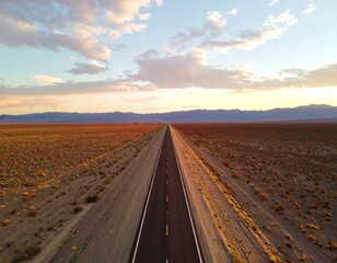 Fototapeta premium Straight road through desert landscape at sunset