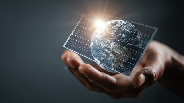 Hand holding solar panel and globe concept.