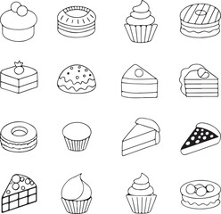 A Variety of Delicious Desserts Black and White Line Art Illustration of Cakes, Cupcakes, and Pie Pieces