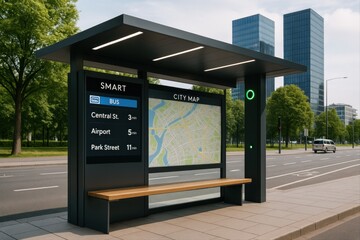 Modern Smart Bus Stop with Digital Display and City Map