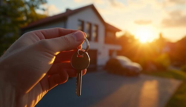 Close-up of a hand holding keys to a new house, with a modern home exterior softly blurred in warm sunset light &mdash; a hyper-realistic real estate image shot on a Sony A7R IV, symbolizing ownership and n