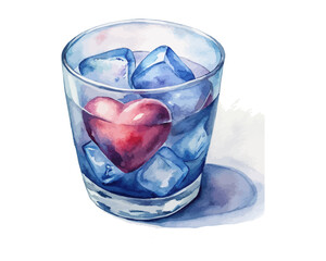 watercolor water glass with Heart-shaped Ice Cubes vector illustration isolated on white background