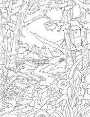 Simple Line Art Landscape – Hand-Sketched Nature Scene, Landscape drawing for kids, Landscape Coloring Book