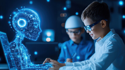 Child interacting with AI technology futuristic interface digital learning innovation education robotics creativity collaboration technology