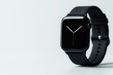 Sleek black smartwatch displays the time on white surface