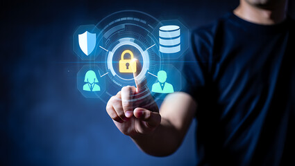 Digital security interface with person touching padlock icon cybersecurity data protection